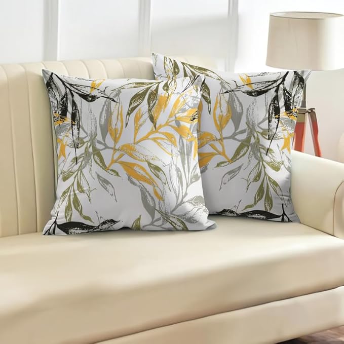 INtex CURTAINS HOUSE Printed Linen Velvet Cushion Covers, Throw Pillow Covers, Leaves Pattern Decorative Pillow Covers, Set of 2 Pieces