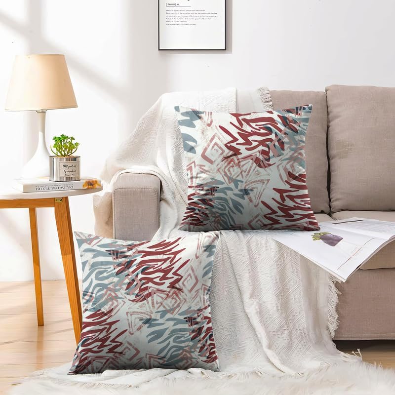 INtex CURTAINS HOUSE Printed Linen Velvet Cushion Covers, Throw Pillow Covers, Maria's Pattern Design, Decorative Pillow Covers, Set Of 2 Pieces
