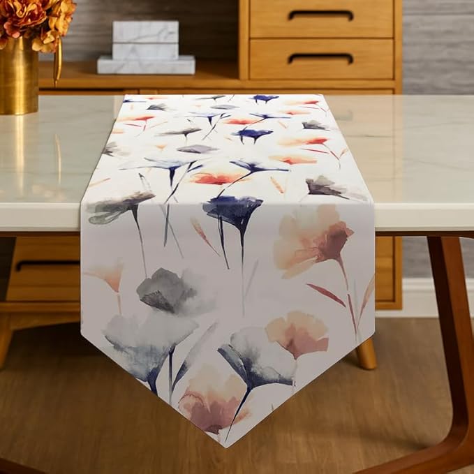 INTEX HOME Table Runner, Sou Floral Pattern, V-End Design, Premium Linen Velvet Fabric, Ultra-Soft and Wrinkle-Resistant, 1 Piece, Off-White x Navy Blue x Blush, for Dining and Living Room Décor