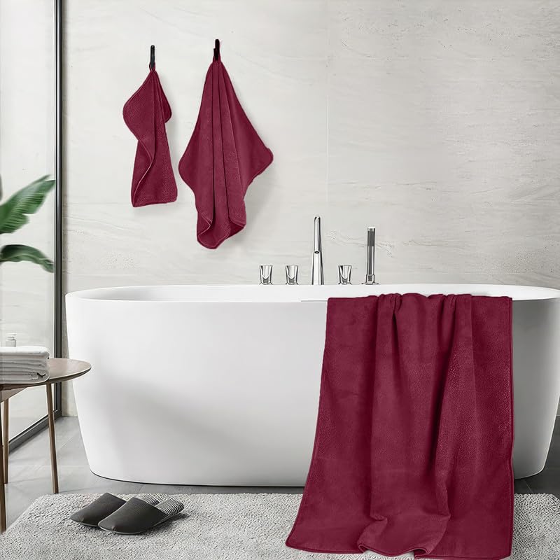 INtex HOME 4-Piece Towel Set, 100% Cotton ? Includes 1 Bath Towel 140 cm x 70 cm, 1 Hand Towel 100 cm x 50 cm, 2 Washcloths 30 cm x 30 cm, Quick Dry, Super Soft, Highly Absorbent, No Fade, Burgendy