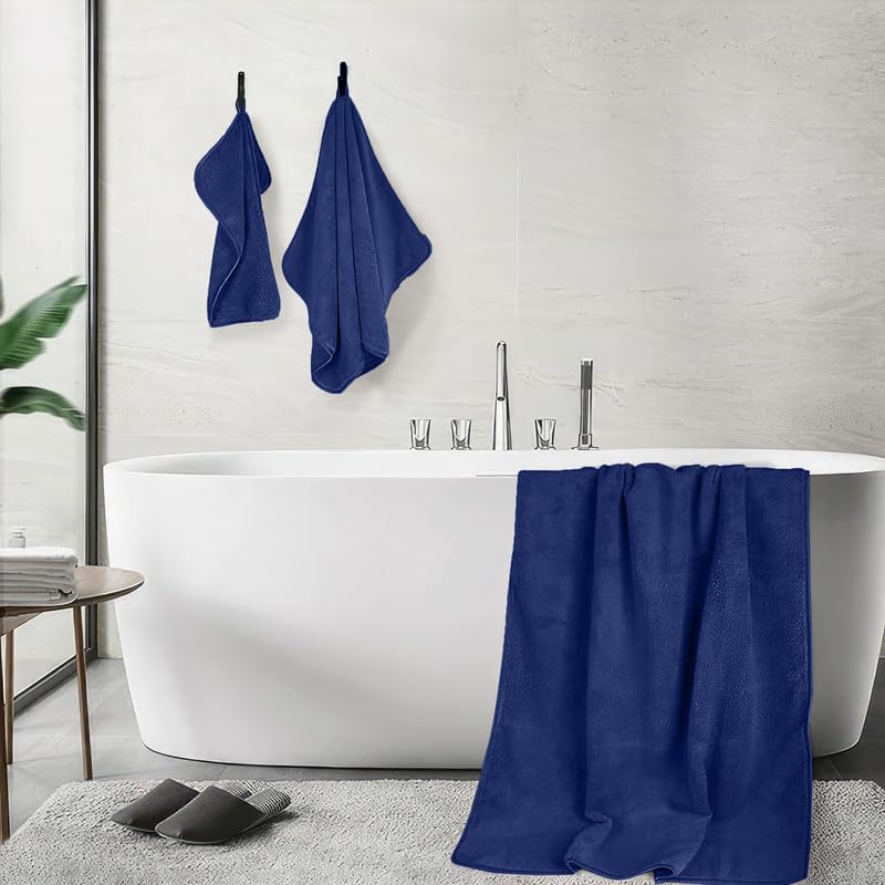 INtex HOME 4-Piece Towel Set, 100% Cotton ? Includes 1 Bath Towel 140 cm x 70 cm, 1 Hand Towel 100 cm x 50 cm, 2 Washcloths 30 cm x 30 cm, Quick Dry, Super Soft, Highly Absorbent, No Fade, Navy Blue