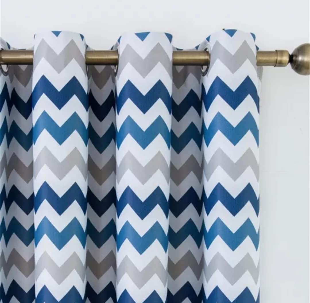 INtex CURTAINS HOUSE Luxury velvet curtains - Modern design - Stripped Zigzag - steel Grommets - 1 piece Blue * Grey 145W X 250L CM