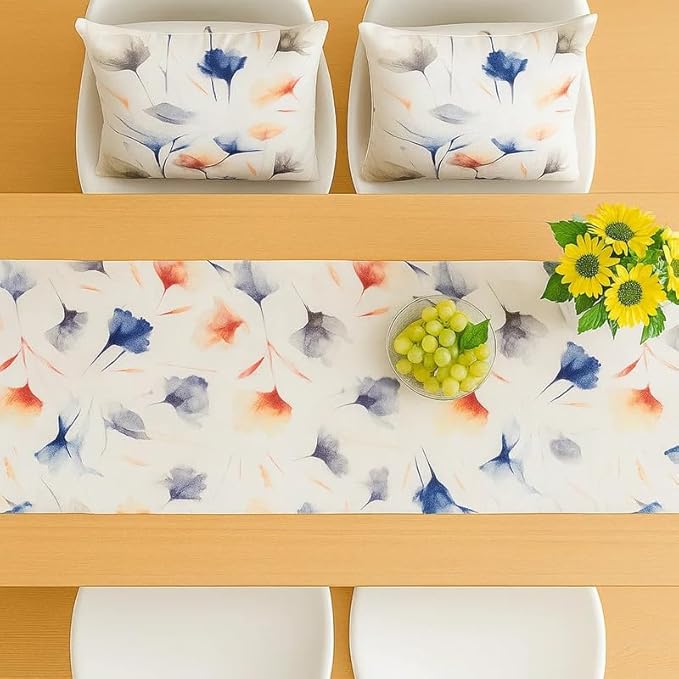 INTEX HOME Table Runner and Cushion Covers Set, Sou Floral Pattern, Premium Linen Velvet, 1 Runner 45×140 CM Straight End and 2 Cushions 45×45 CM, Wrinkle-Resistant Fabric for Living Room or Bedroom
