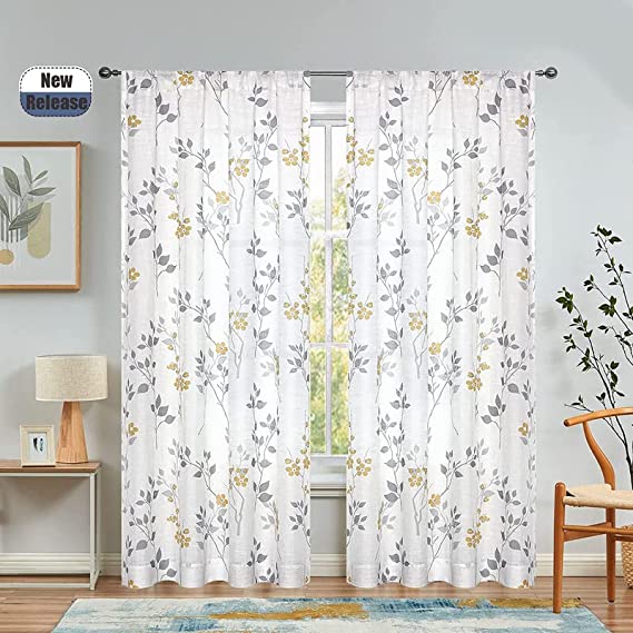 Natural Linen Printed Floral Curtain - Steel grommets