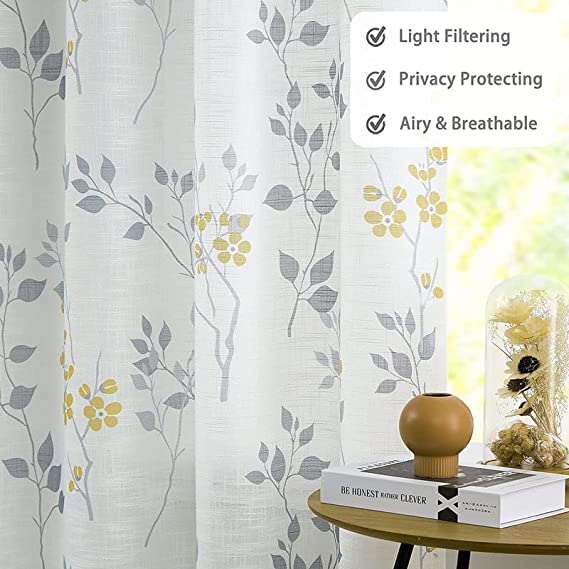 Natural Linen Printed Floral Curtain - Steel grommets