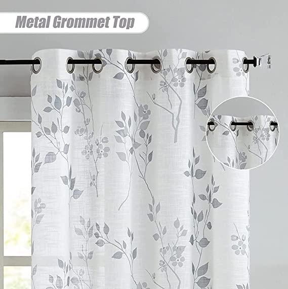 Natural Linen Printed Floral Curtain - Steel grommets