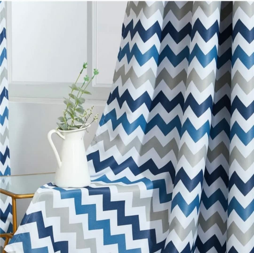 INtex CURTAINS HOUSE Luxury velvet curtains - Modern design - Stripped Zigzag - steel Grommets - 1 piece Blue * Grey 145W X 250L CM