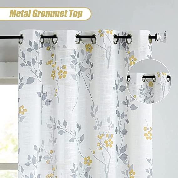 Natural Linen Printed Floral Curtain - Steel grommets