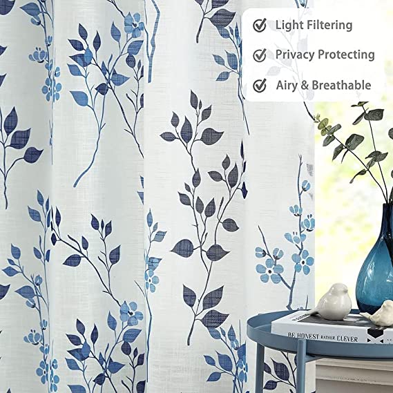 Natural Linen Printed Floral Curtain - Steel grommets