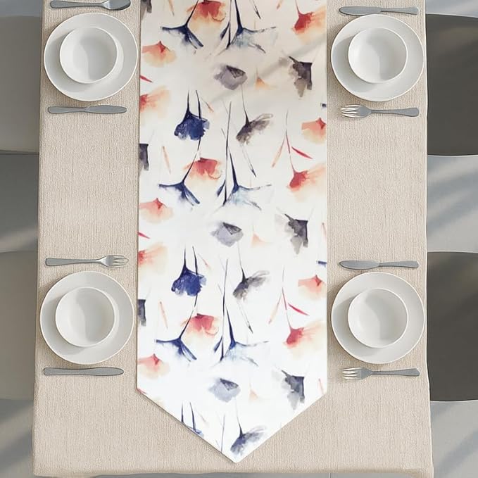 INTEX HOME Table Runner, Sou Floral Pattern, V-End Design, Premium Linen Velvet Fabric, Ultra-Soft and Wrinkle-Resistant, 1 Piece, Off-White x Navy Blue x Blush, for Dining and Living Room Décor