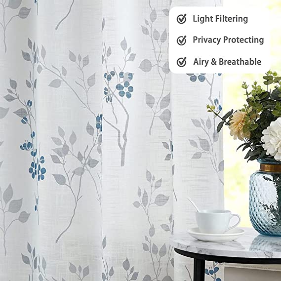 Natural Linen Printed Floral Curtain - Steel grommets