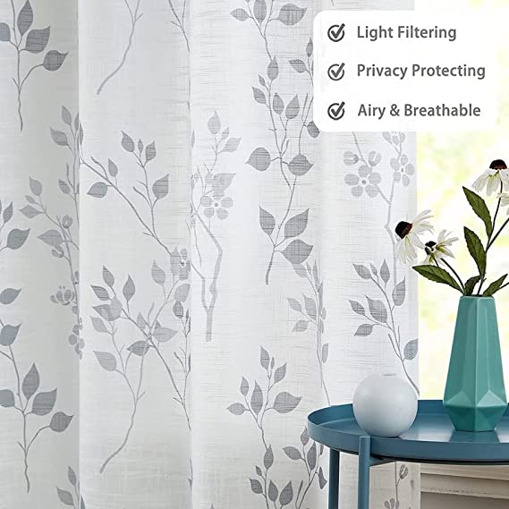 Natural Linen Printed Floral Curtain - Steel grommets