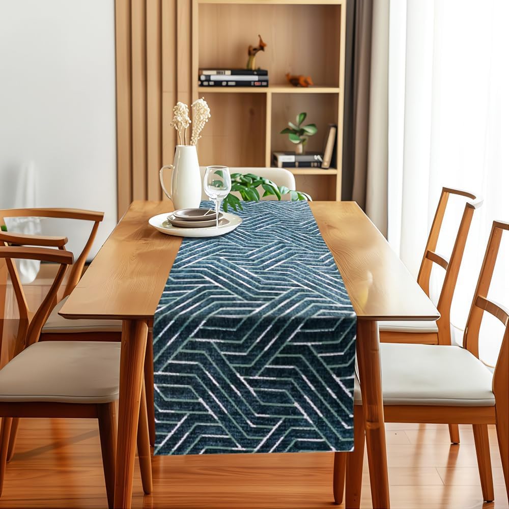 Table Runner – Nadia’s Geometric Design – Heavy-Duty Velvet Linen – Rectangular Accent for Living Room & Special Occasions – 1 Pc - Teal