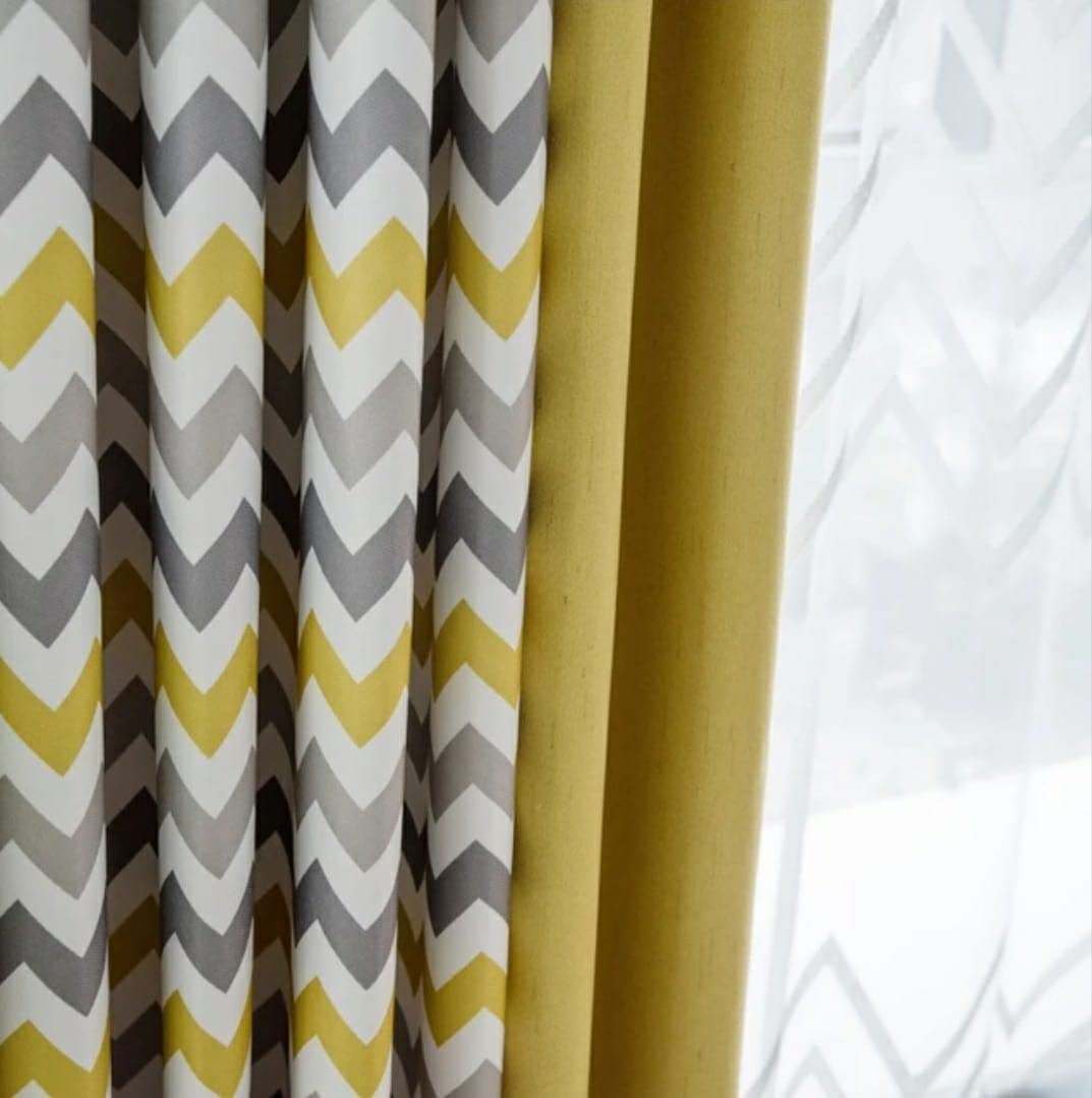 INtex CURTAINS HOUSE Luxury velvet curtains - Modern Design - Striped zig zag Yellow and Grey with plain velvet yellows 2 panels - Normal tape