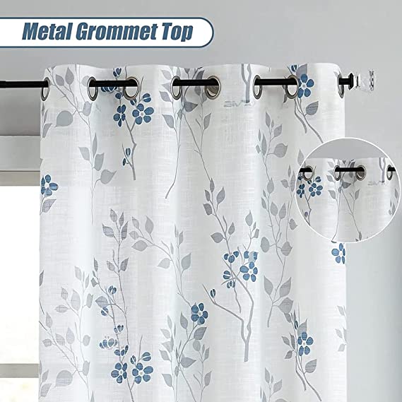 Natural Linen Printed Floral Curtain - Steel grommets