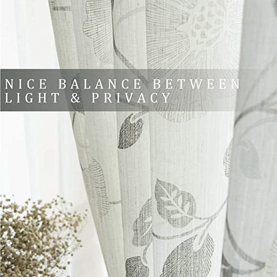 Natural Linen Floral Curtain - Steel grommets