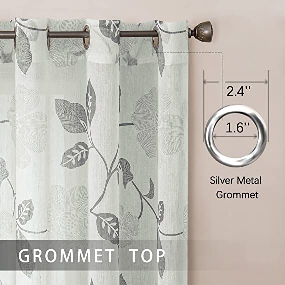 Natural Linen Floral Curtain - Steel grommets