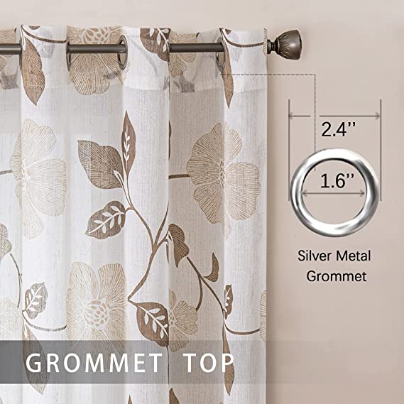 Natural Linen Floral Curtain - Steel grommets