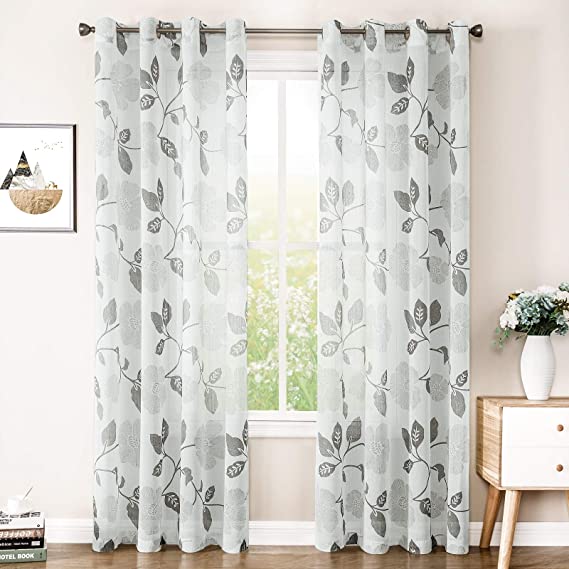 Natural Linen Floral Curtain - Steel grommets