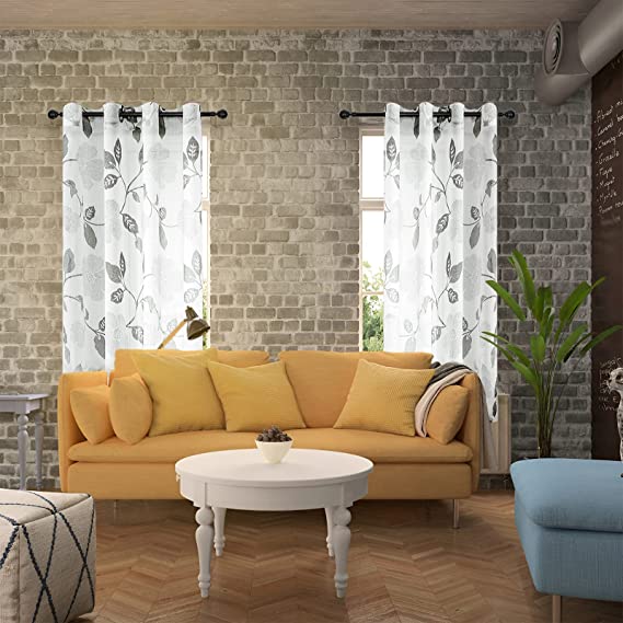 Natural Linen Floral Curtain - Steel grommets