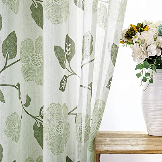 Natural Linen Floral Curtain - Steel grommets