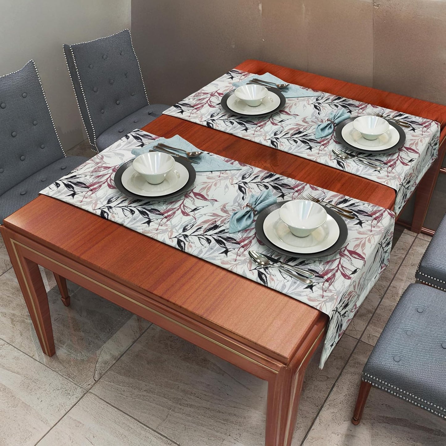 INtex HOME Linen Velvet Table Runner, 45 x 130 cm, Modern Leaves Design, Elegant Rectangular Tablecloth for Dining, Living Room and Kitchen, Soft, Durable