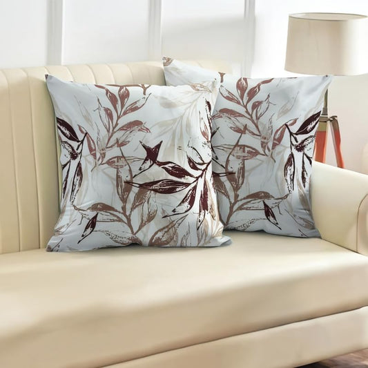 INtex CURTAINS HOUSE Printed Linen Velvet Cushion Covers, Throw Pillow Covers, Leaves Pattern Decorative Pillow Covers, Set of 2 Pieces