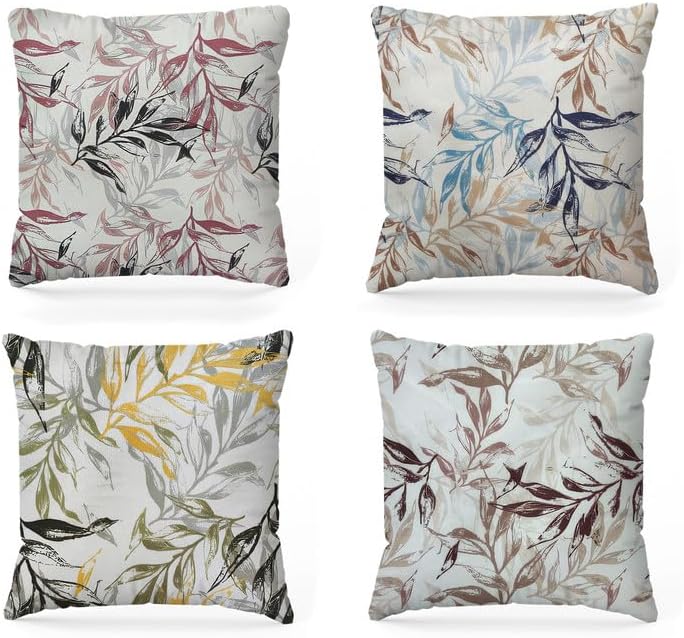 INtex CURTAINS HOUSE Printed Linen Velvet Cushion Covers, Throw Pillow Covers, Leaves Pattern Decorative Pillow Covers, Set of 4 Pieces Multicolor