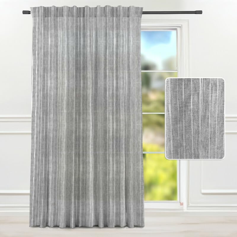 INtex CURTAINS HOUSE Linen Curtains for Living Room, Semi-Sheer Light-Filtering Drapes with White Stripes, Natural Fabric, 2 Hanging Options, 1 Piece