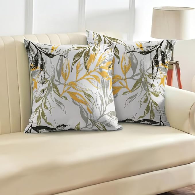 INtex CURTAINS HOUSE Printed Linen Velvet Cushion Covers, Throw Pillow Covers, Leaves Pattern Decorative Pillow Covers, Set of 2 Pieces