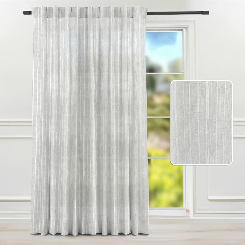 INtex CURTAINS HOUSE Linen Curtains for Living Room, Semi-Sheer Light-Filtering Drapes with White Stripes, Natural Fabric, 2 Hanging Options, 1 Piece