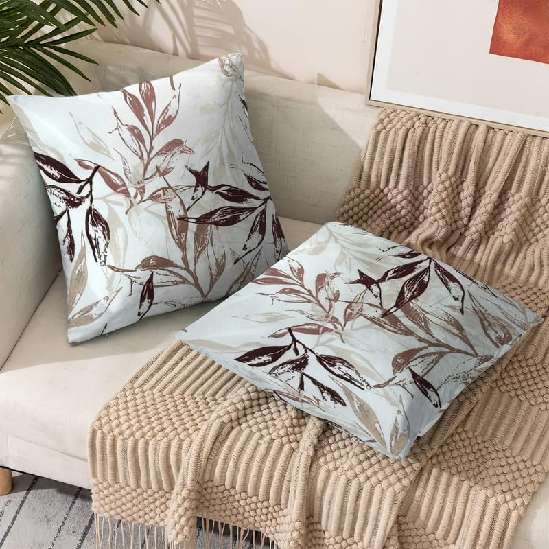 INtex CURTAINS HOUSE Printed Linen Velvet Cushion Covers, Throw Pillow Covers, Leaves Pattern Decorative Pillow Covers, Set of 2 Pieces