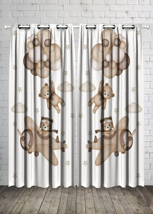 INtex CURTAINS Kids Room Bear Balloon and Cloud Curtain -Linen Velvet Fabric -Privacy - Steel Grommets - 2 Pieces