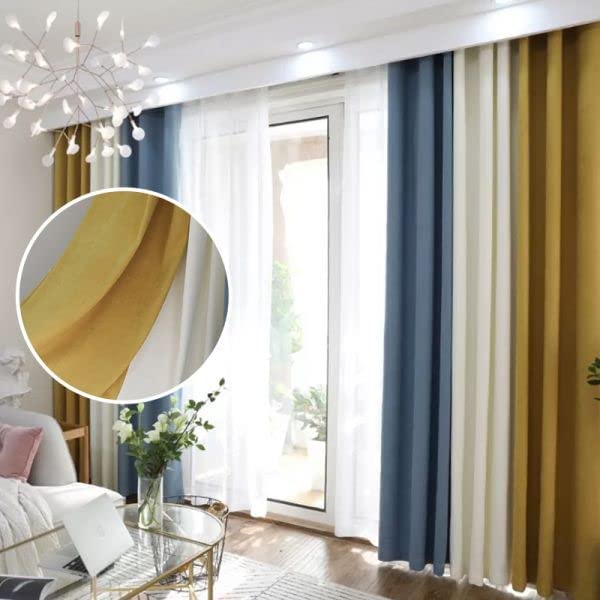 INtex CURTAINS HOUSE Velvet Modern Design Curtain- Soft Fabric - three colors with Tie-backs - 2 Piece 4 meters width (400W X 250L CM, Gold*Off White*Petrol Blue)