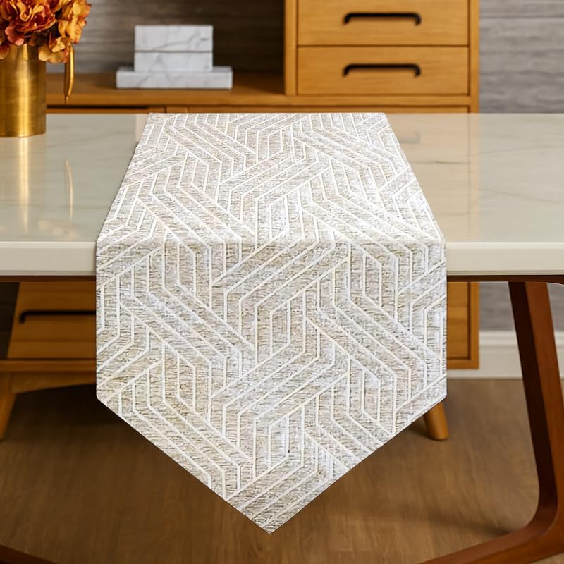 INtex Home Table Runner with V-Shaped End, Nadia’s Geometric Design in Heavy Duty Velvet Linen Fabric, Reception Living Room or Special Occasions, 1 Pc