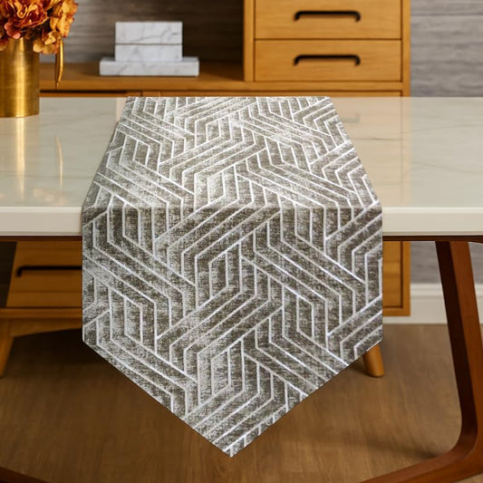 INtex Home Table Runner with V-Shaped End, Nadia’s Geometric Design in Heavy Duty Velvet Linen Fabric, Reception Living Room or Special Occasions, 1 Pc