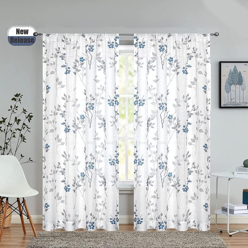 INtex CURTAINS HOUSE Rich Natural Linen curtains - Printed floral curtains- Semi-transparent - Road Pocket grommets for living room, bedroom, kitchens, 1 piece