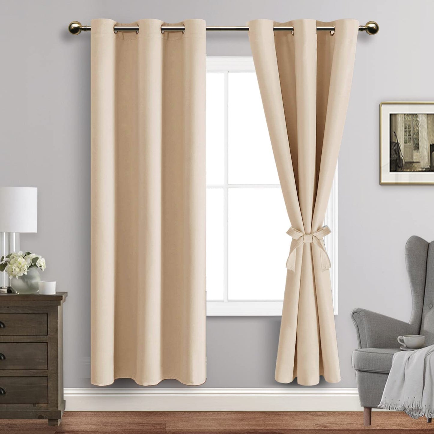 INtex CURTAINS HOUSE Blackout Curtains with Tiebacks - Thermal Insulated, Light Blocking and Noise Reducing Grommet Curtain Drapes for Bedroom and Living Room, Set of 2 Panels,