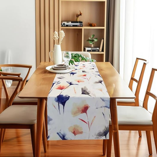 INTEX HOME Table Runner, Sou Floral Pattern, Premium Linen Velvet Fabric, Straight End Design, Off-White x Navy Blue x Blush, Wrinkle-Resistant, 1 Pc Table Décor for Living and Dining Room