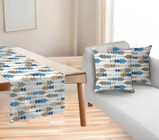 Sofia Elegance 3-Piece Set – Linen Velvet Table Runner 45×135 cm + 2 Cushion Covers – Café x Blue