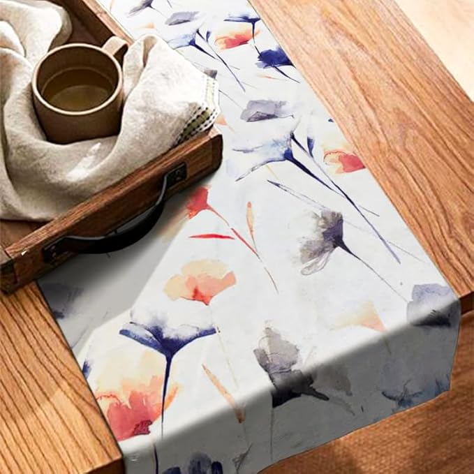 INTEX HOME Table Runner, Sou Floral Pattern, Premium Linen Velvet Fabric, Straight End Design, Off-White x Navy Blue x Blush, Wrinkle-Resistant, 1 Pc Table Décor for Living and Dining Room
