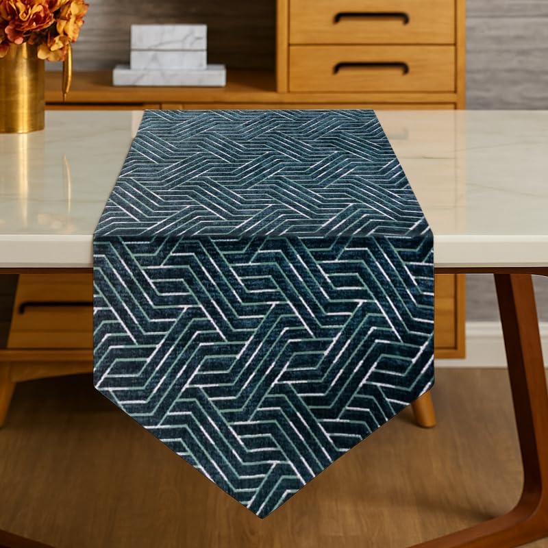 INtex Home Table Runner with V-Shaped End, Nadia’s Geometric Design in Heavy Duty Velvet Linen Fabric, Reception Living Room or Special Occasions, 1 Pc