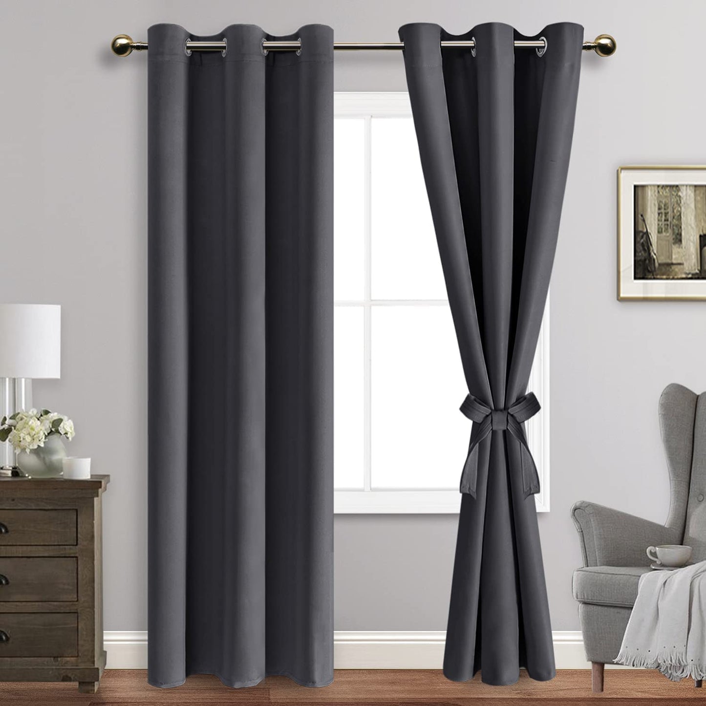 INtex CURTAINS HOUSE Blackout Curtains with Tiebacks - Thermal Insulated, Light Blocking and Noise Reducing Grommet Curtain Drapes for Bedroom and Living Room, Set of 2 Panels,