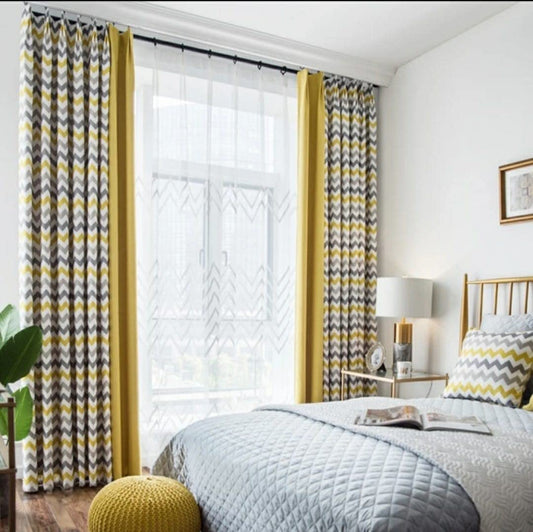 INtex CURTAINS HOUSE Luxury velvet curtains - Modern Design - Striped zig zag Yellow and Grey with plain velvet yellows 2 panels - Normal tape