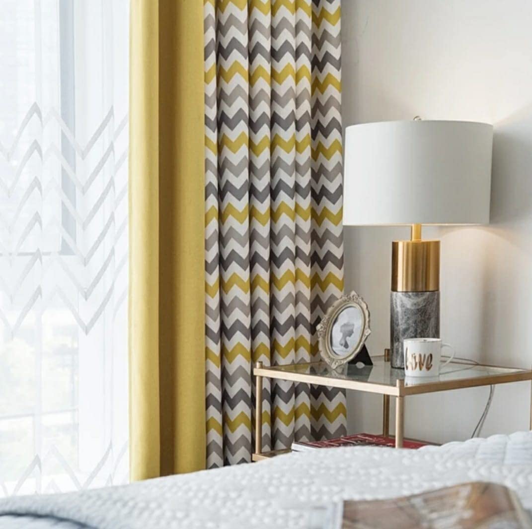 INtex CURTAINS HOUSE Luxury velvet curtains - Modern Design - Striped zig zag Yellow and Grey with plain velvet yellows 2 panels - Steel Grommets