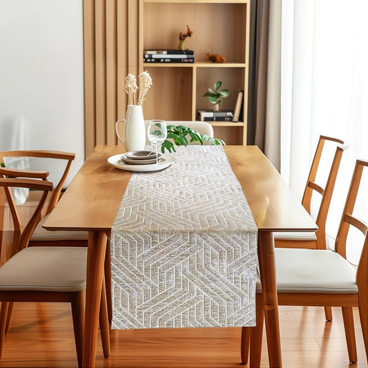 Table Runner – Nadia’s Geometric Design – Heavy-Duty Velvet Linen – Rectangular Accent for Living Room & Special Occasions – 1 Pc - Light Beige