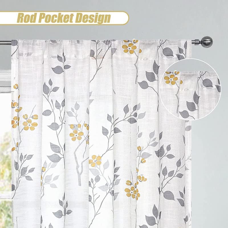 INtex CURTAINS HOUSE Rich Natural Linen curtains - Printed floral curtains- Semi-transparent - Road Pocket grommets for living room, bedroom, kitchens, 1 piece