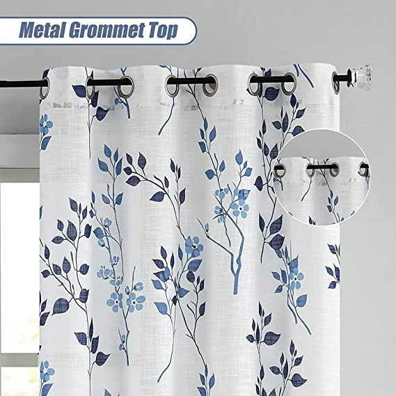 Natural Linen  Printed Floral Curtain - Steel grommets