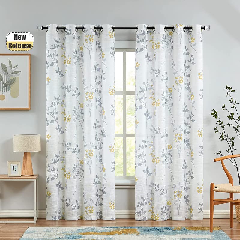 INtex CURTAINS HOUSE Rich Natural Linen curtains - Printed floral curtains- Semi-transparent - Steel grommets for living room, bedroom, kitchens, 1 piece