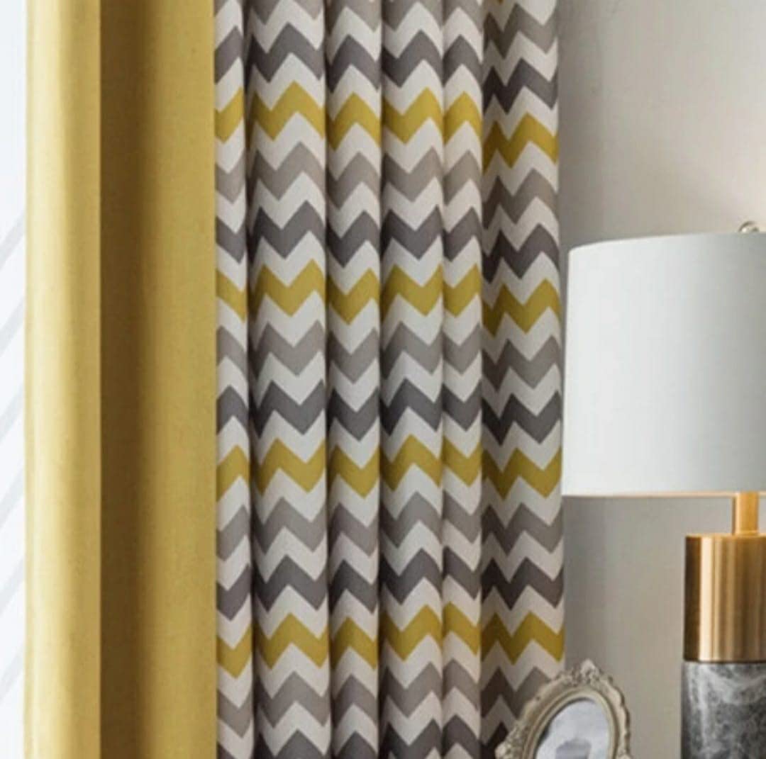 INtex CURTAINS HOUSE Luxury velvet curtains - Modern Design - Striped zig zag Yellow and Grey with plain velvet yellows 2 panels - Steel Grommets